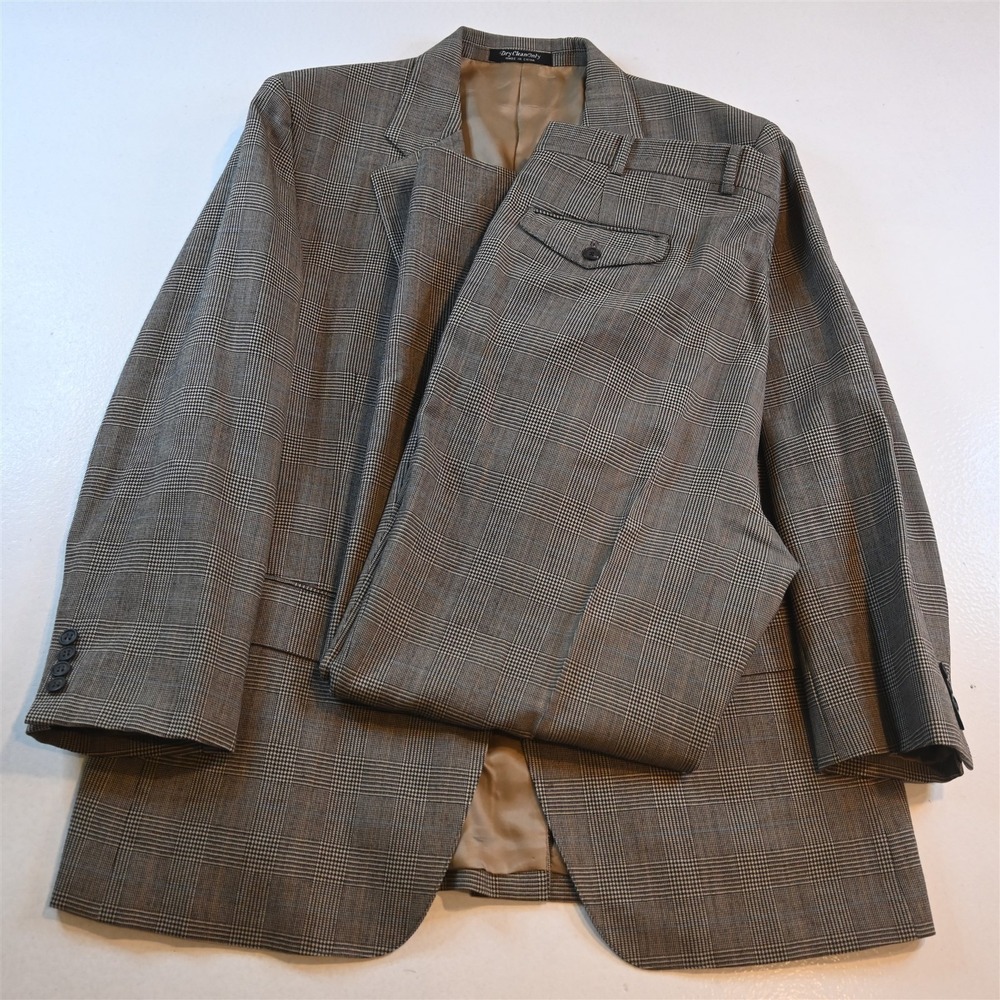 Vtg Mens 44S 36x32 Brown Glenn Check Flannel Wool Mens Jacket‎ Pants Suit